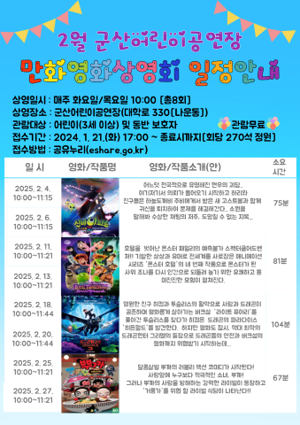 군산어린이공연장 2월 어린이만화영화 상영회 1